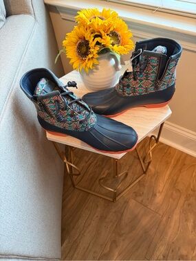 L.L. Bean Navy and Orange Patterned Waterproof Ankle Boots